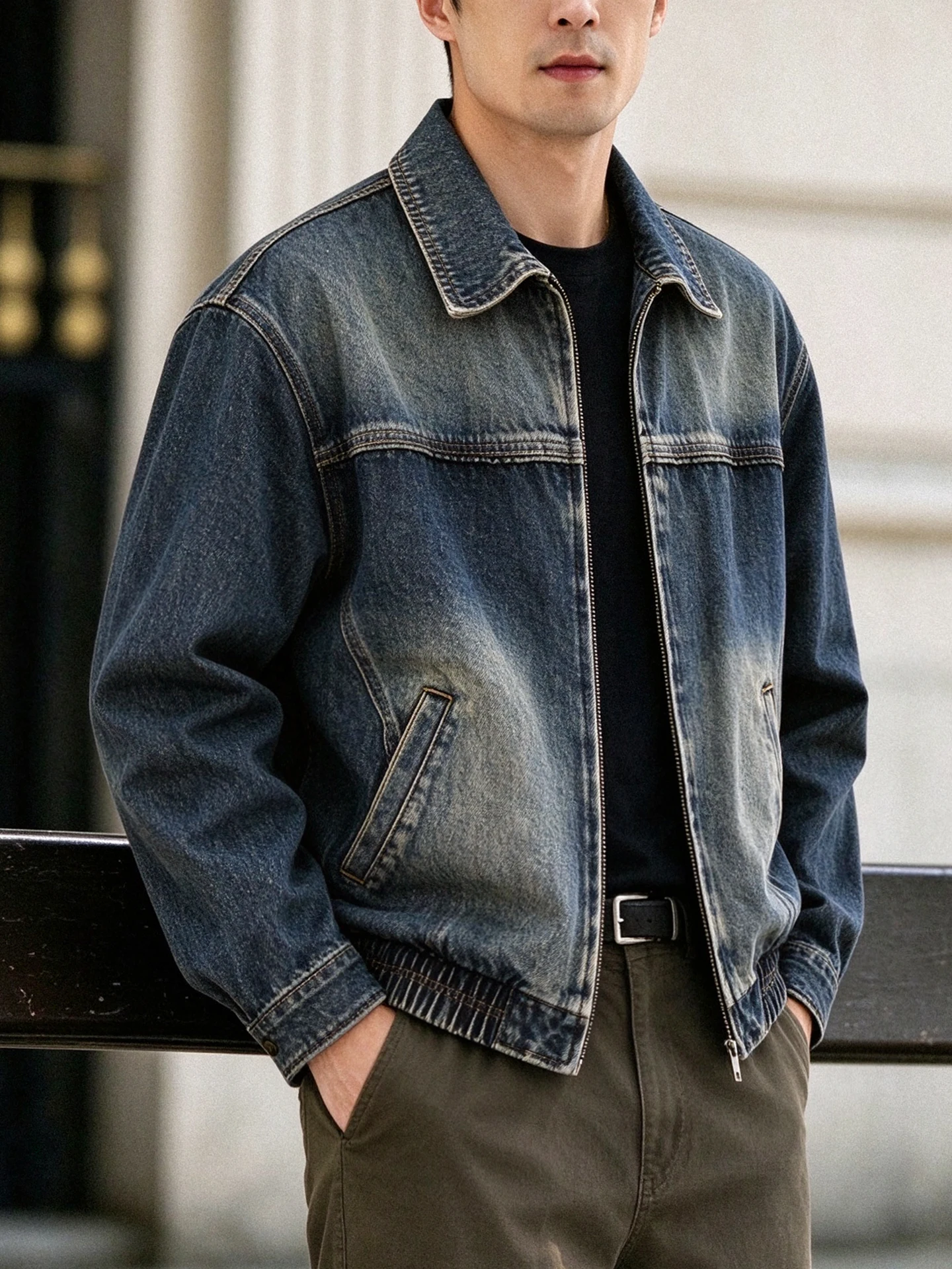 Men's Vintage Washed Denim Jacket Loose Casual Zipper Collar Jacket Spring Autumn Cotton Blend Durable Classic Blue Jeans Jacket