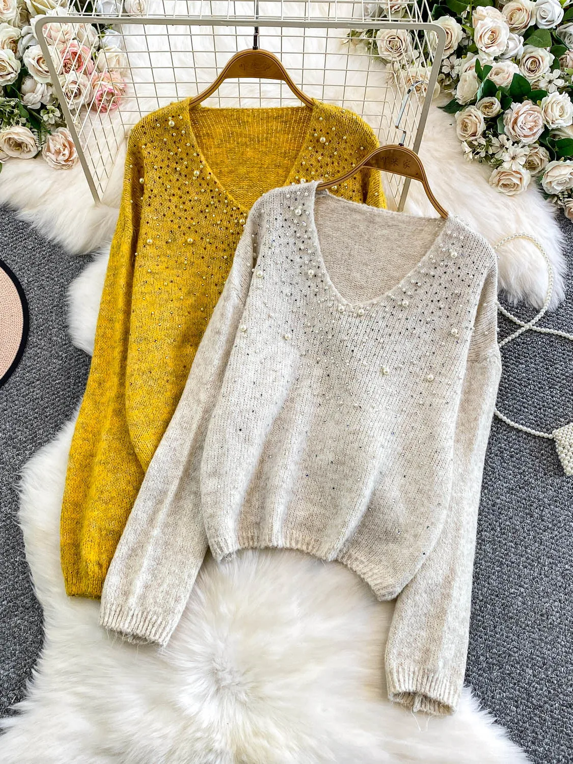 

Soft Cozy V-Ne Knitted Sweater Women's Autumn Winter Loose Fit Pearl Embellied Plu Top Gentle Sle Online Exclusive