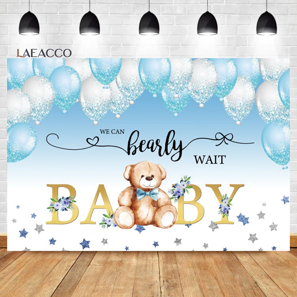 Laeacco Teddy Bear Happy Birthday Backdrop Hot Air Balloon Star Cloud Kid Baby Shower Portrait Customized Photography Background