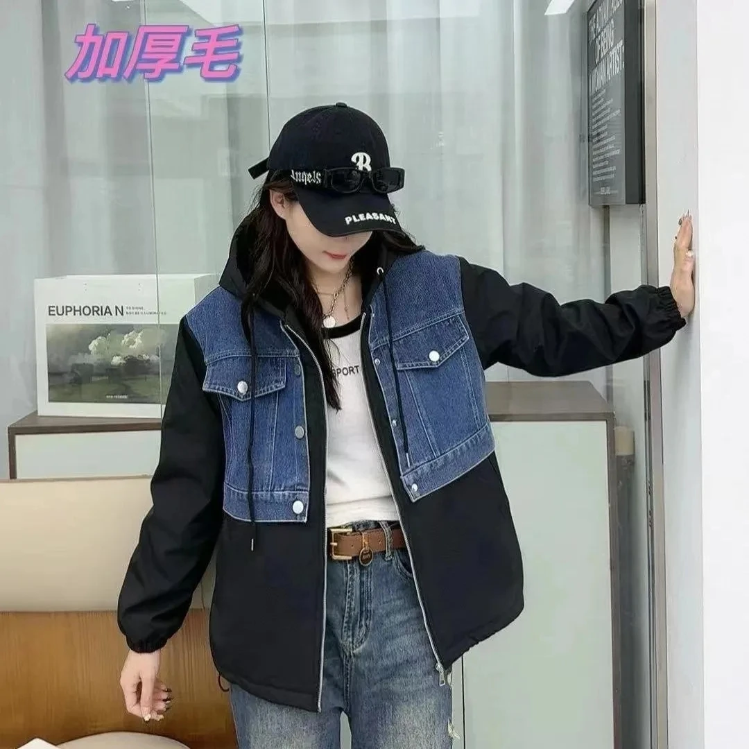 Plus Velvet Jacket Denim Stitching 2026 New Students' Winter Loose Casual Warm And Cold-Resistant Fashion Coat