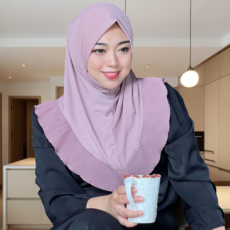 

Muslim Hoodie Scarf, No-Buckle Veil,Pleated Malay Scarf,Lace Trim Women's Headscarf,Single Layer Hat,Women's Fashion Accessories