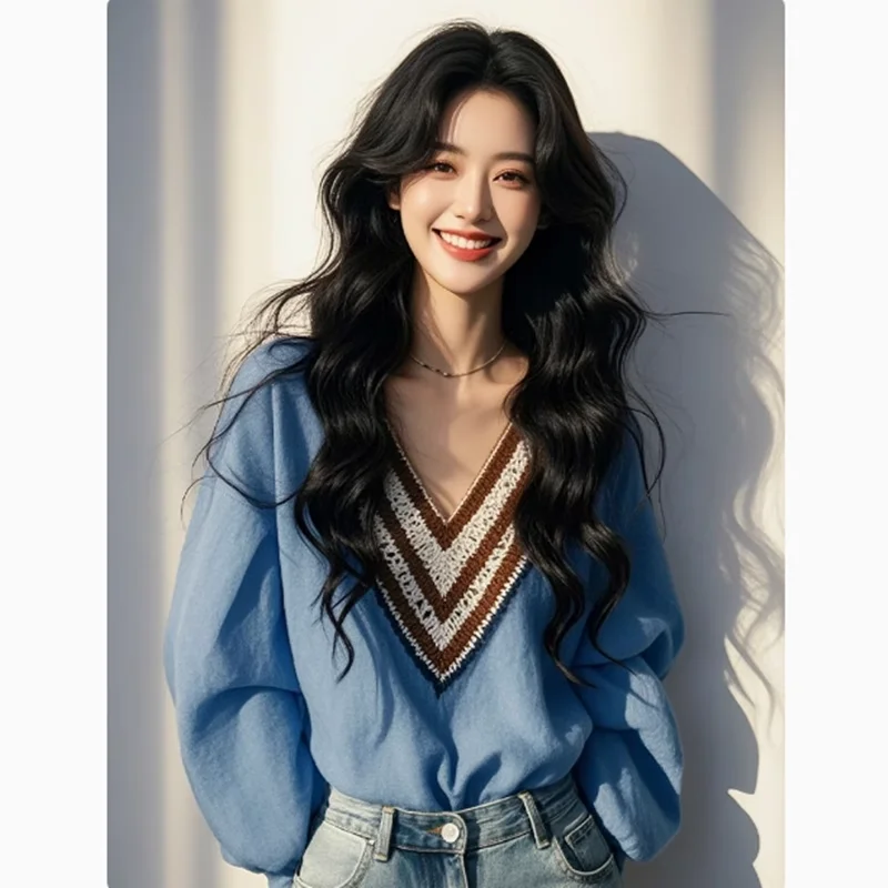 เสื้อสตรีทรงหลวม คอวี ลายทางสีน้ำเงิน สวยงามไม่ซ้ำใคร  สไตล์คลาสสิกย้อนยุค  แฟชั่นต้นฤดูใบไม้ผลิ  แขนยาว  ใส่ได้หลากหลายโอกาส