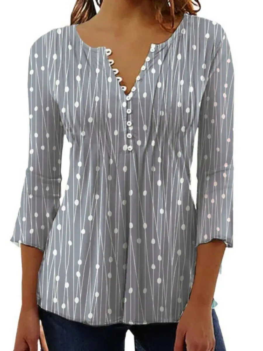 Base stampata V-ne da donna irt Long Sve Top di media lunghezza in misto poliestere Spring Faion Abbigliamento premium da donna