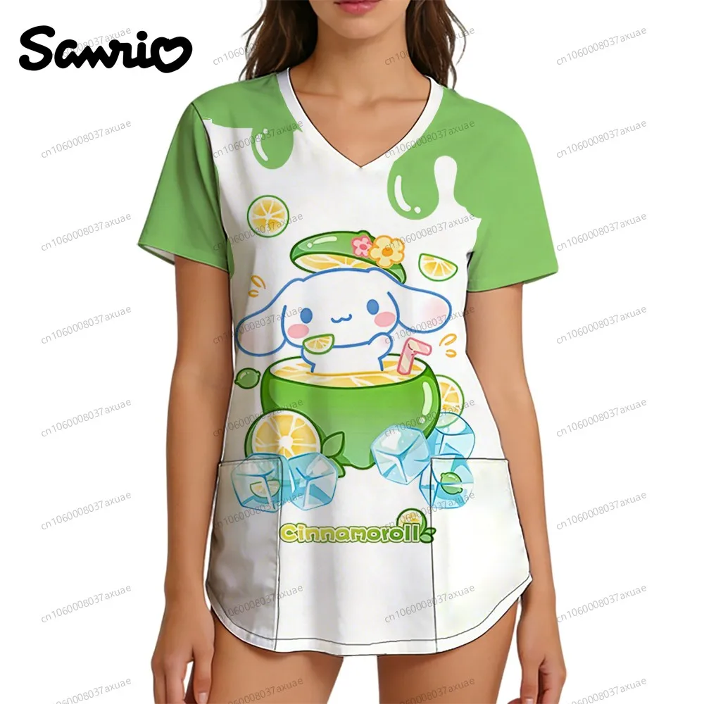 

New Y2k Tops Kawaii Sanrio Cinnamoroll Streetwear Clothing Women's T-shirts Polka Dot Nurse Uniform 2026 Women Summer Top V Neck