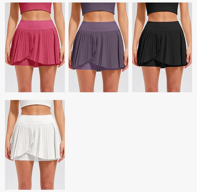 حجم كبير S-3XL وهمية قطعتين التنانير التنس 2 في 1 الرياضة Skorts مع جيوب عالية الخصر مطوي بسط البطن التحكم التنانير #6