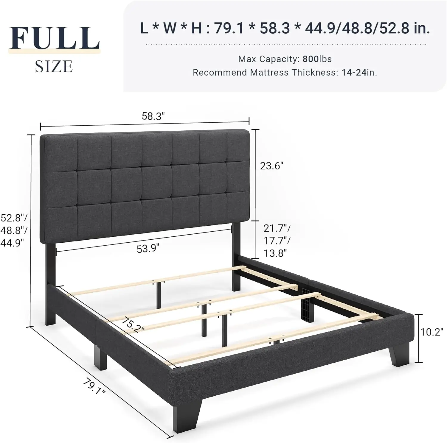 Allewie Full Size Panel Bed Frame with Adjustable Headboard for High Profile/Fabric Upholstered/Square Stitched Padded Headboard