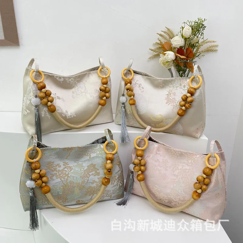 2024 New Bag Women's New Chinese Style Small and Popular Velvet Embossed Art Chinese Style Wooden Bead Single Shoulder Handbag