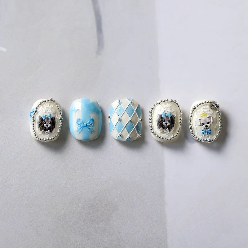 Dreamy Cute Puppy Light Blue Bowknot Checkered Padrão 5D Macio Em Relevo Auto-adesivo Nail Art Sticker 3D Manicure Decalques