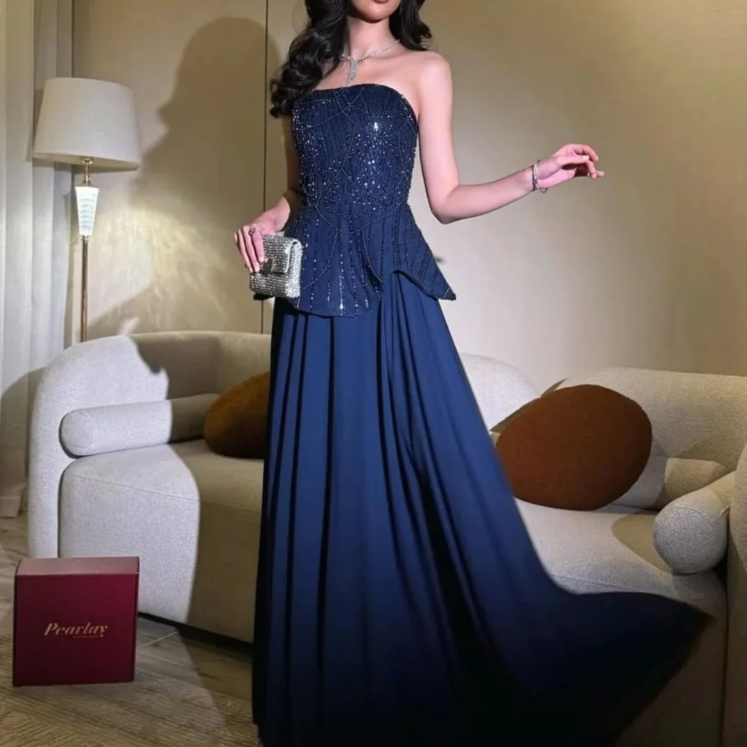 

Индивидуальное вечернее платье Cathy без бретелек, темно-синее, расшитое бисером, фасон А-силуэт, без рукавов, длиной в пол, с застежкой-молнией сзади, для выпускного вечера и торжественных мероприятий