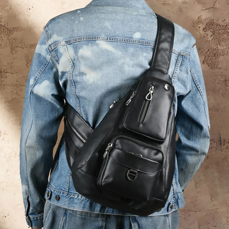 

Black Genuine Cowhide Leather Men's Sling Backpack Multi Functional Crossbody Chest Bag Casual Retro Urban Commuting Travel Bags