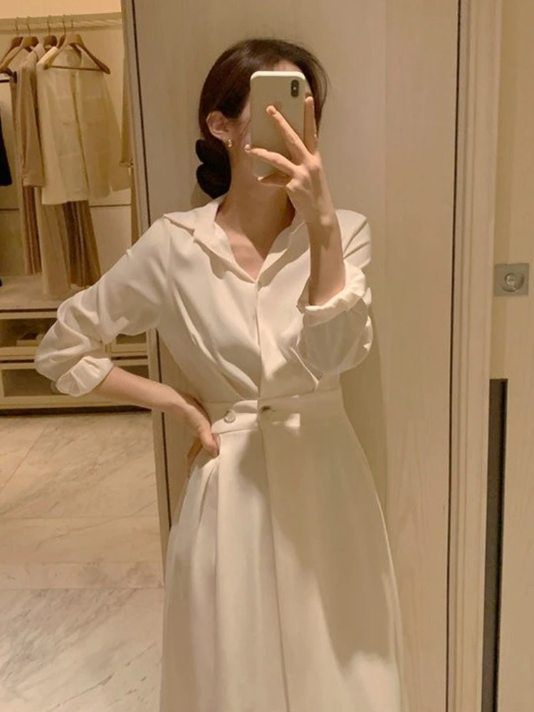 Women Spring Elegant Long Shirt Dress 2022 New Female Elastic High Waist A-line Midi Dresses Solid Color Lapel Collar