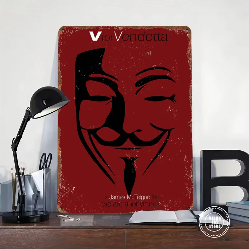 V for Vendetta Mask Tinplate Poster Customized Wall Art Retro Vintage Metal Signs for Fans Desk Decor Room Mancave Decoration