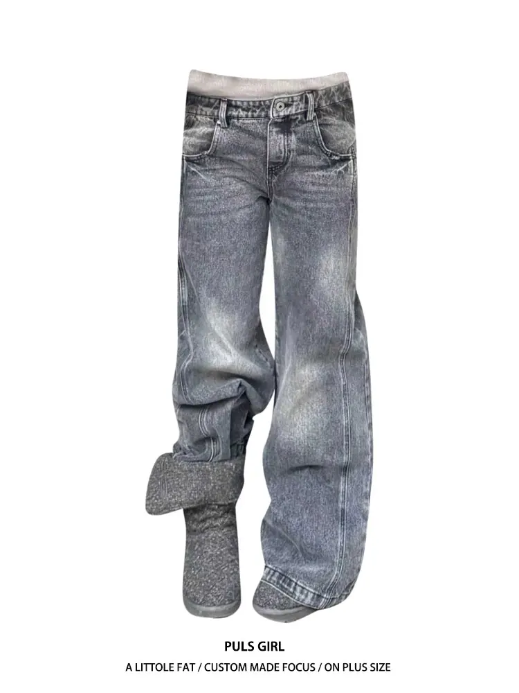 

Loose Wide Leg Jeans Women's Retro Washed Double Waist Design Denim Pants Spring 2026 Casual High Waist Big Size Trousers
