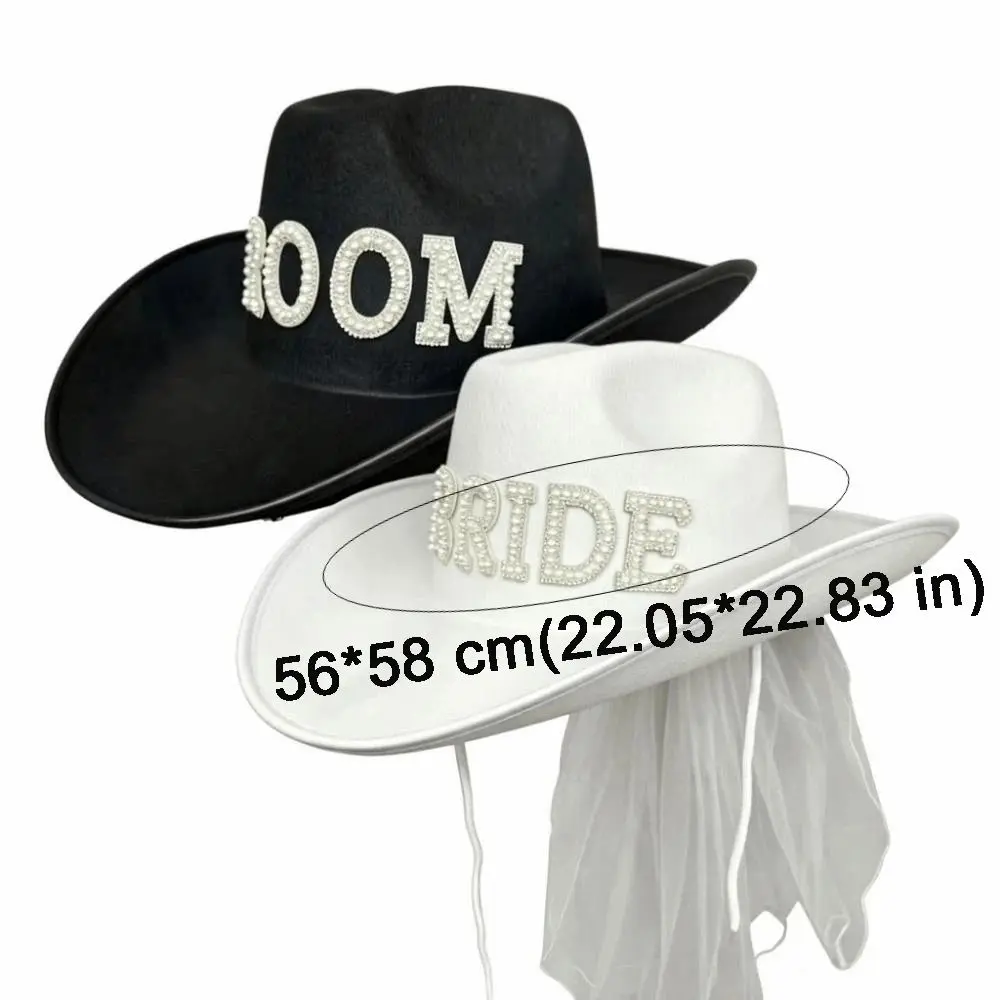 Non-woven Fabric Bride White Cowboy Veil Hat Romantic Wide Brim Bride Cowgirl Hat with Pearls Bridal Cowboy Hat Bridal Showers view 6