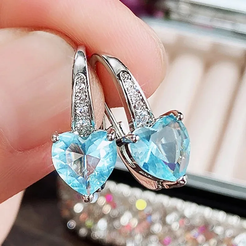 Blue CZ Heart Earrings for Women Simple and Elegant Wedding Accessories Silver Color Fashion Versatile Ear Jewelry Gift