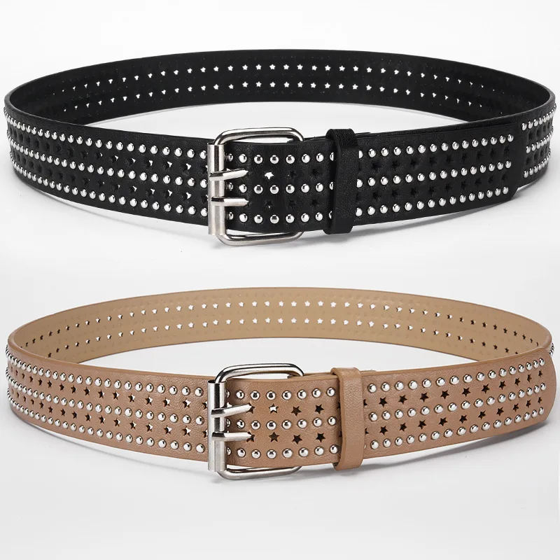 

Western Punk Rivet Design Double Silver Pin Buckle PU Leather Women Belt Fashion Jeans Causal Pants Belt for Ladies