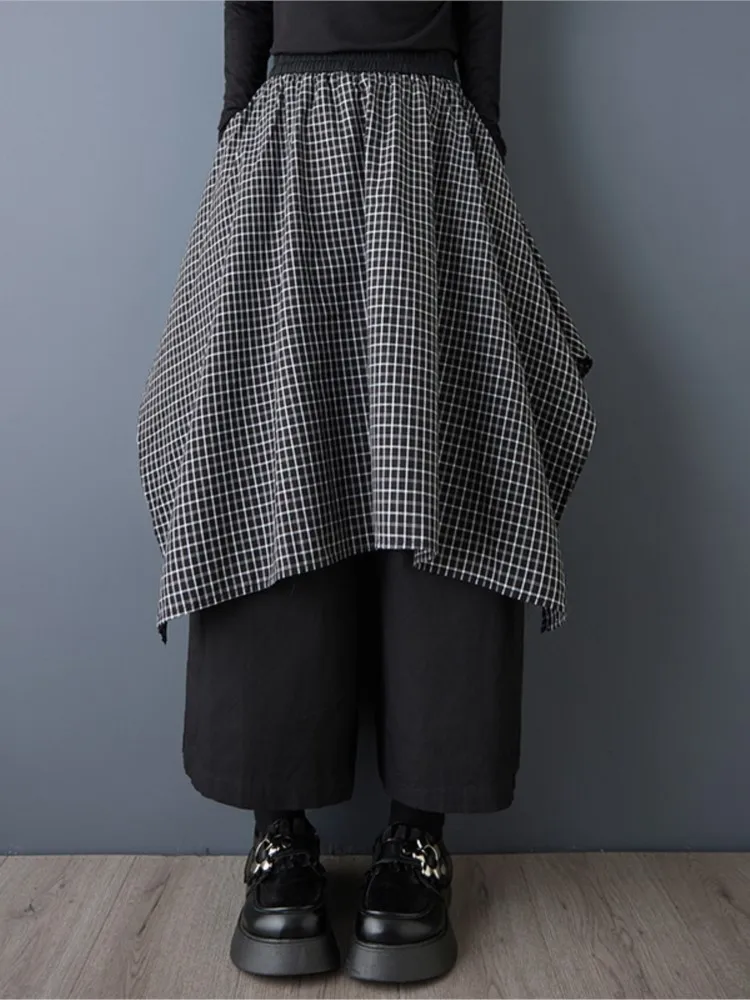 المتضخم بنطال ذو قصة أرجل واسعة النساء موضة منقوشة Pacthwork فستان بانت السيدات عالية الخصر السراويل القوطية امرأة وهمية قطعتين بنطلون #3