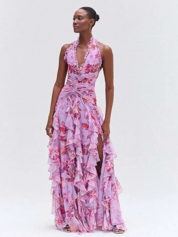 

Sexy Halter Backless Floral Printed Long Dress Women Sexy Summer Sleeveless Ruffles Split Slim Runway Evening Club Party Dresses