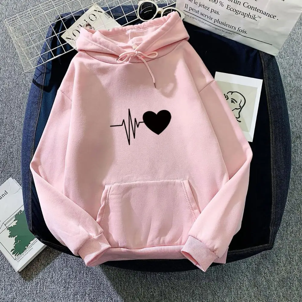 

Couple Hoodie Cozy Heart Print Unisex Hoodie with Drawstring Plush Warmth Big Patch Pocket for Fall Winter Women Fleece Hoodie