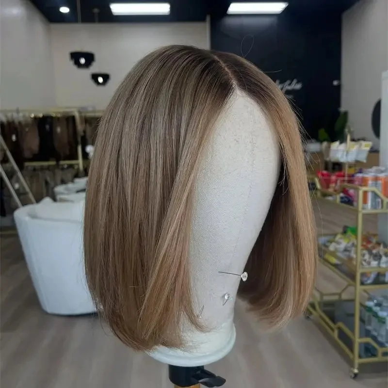 New Woman wigs Light Brown Blonde Highlights Lace Front Wig Bob Cut Ombre Color Synthetic Hair Cosplay Daily Wear Wig for Girls