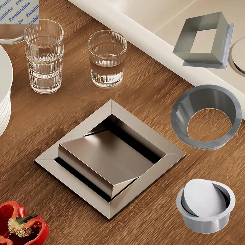 1Pc SUS304 Square Circular Countertop Mounted Trash Waste Chute Swing Cover Lid Open Top Grommet Kitchden Bath Countertop