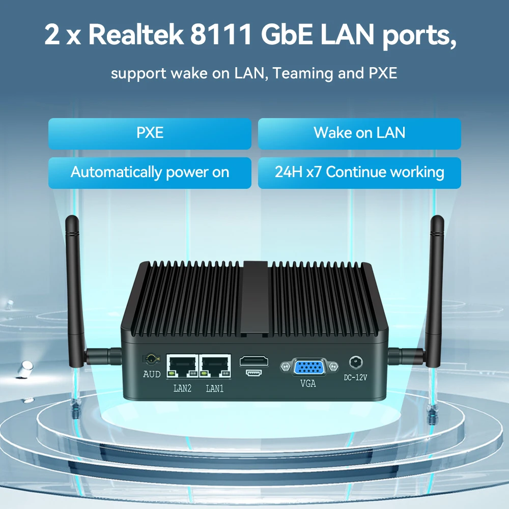 Fanless Mini PC Intel Celeron J4125 2x Gigabit LAN 2x RS232 HDMI VGA Mini PCIE WiFi/4G 4x USB Support Windows Linux