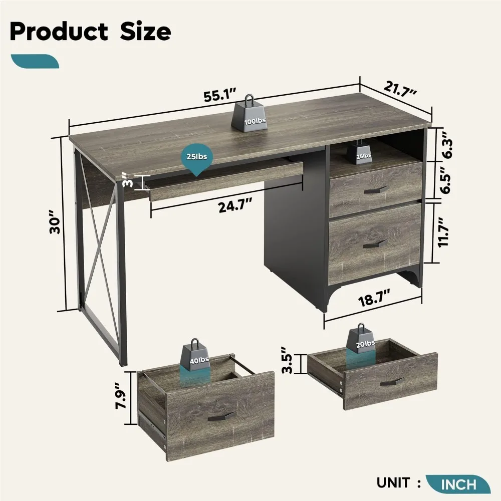 Business Desk, Industrial Computer Desk with Storage, with Keyboard Tray, File Drawer for Home Office, Home Office Desks