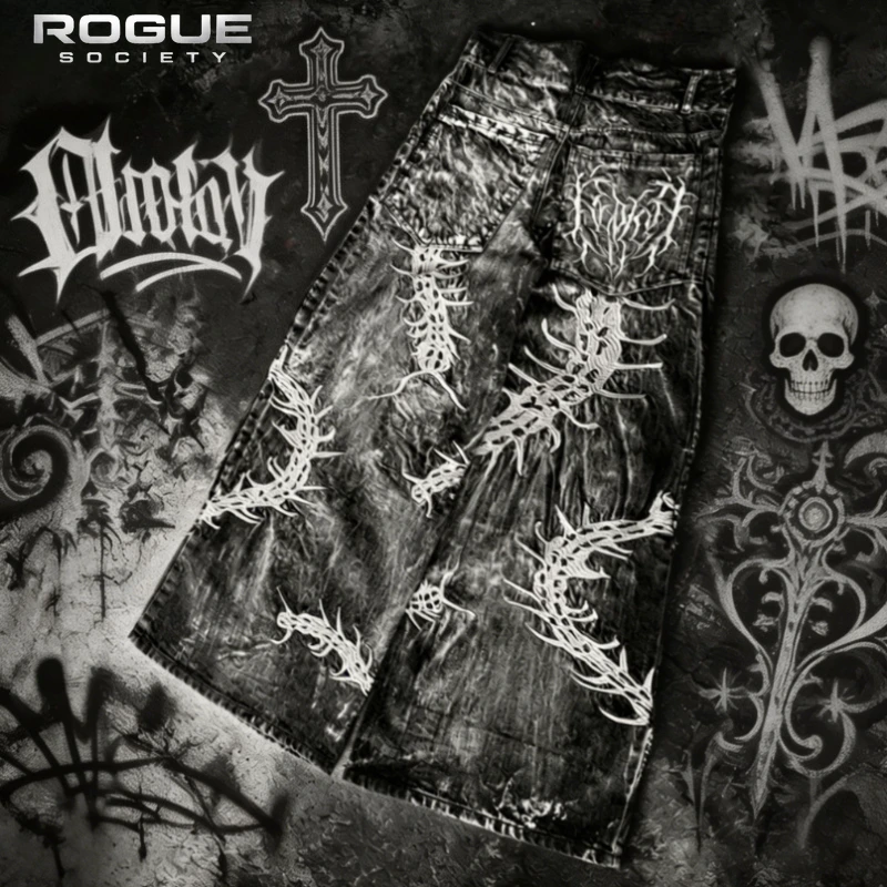

New Gothic Grunge Embroidered Wide Jeans Unisex Y2K Washed Scorpion Pattern Baggy Trousers Harajuku Streetwear Men Pants Punk