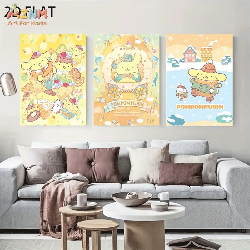 AZNM Unframed Canvas Wall Art Pompompurin Winter Dessert Carriage Style Sanrio Cartoon Poster Warm Yellow Print Girls Bedroom