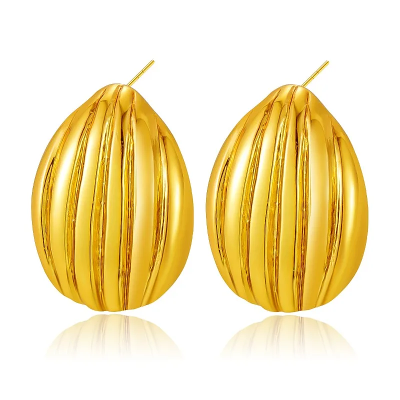 Retro Exaggeration Gold Color Stainless Steel Melon Seed-shaped Striped Textured Stud Earrings for Woman Jewelry Accessory Gifts