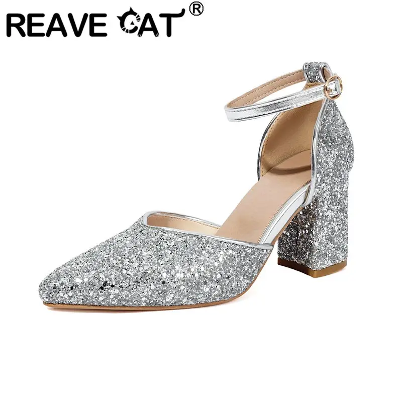 

Женские серебристые босоножки REAVE CAT с острым носком, каблуком 7,5 см, ремешком с пряжкой, пайетками и блестками, сексуальные туфли для свиданий и вечеринок, большие размеры 46, 47, 48