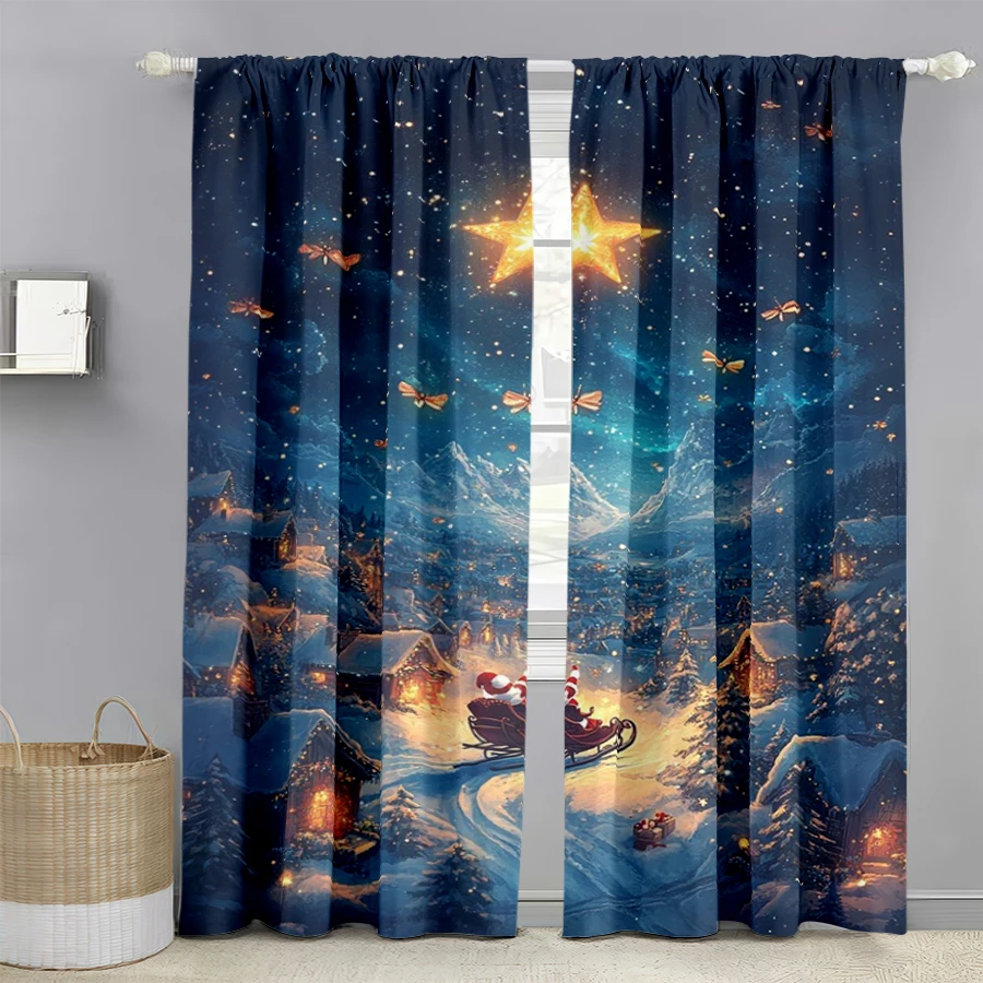 2PCS Christmas Digital Print Curtains, Starry Night Sky Village with Santa Sleigh, Magical for Living Room Bedroom Window Decor