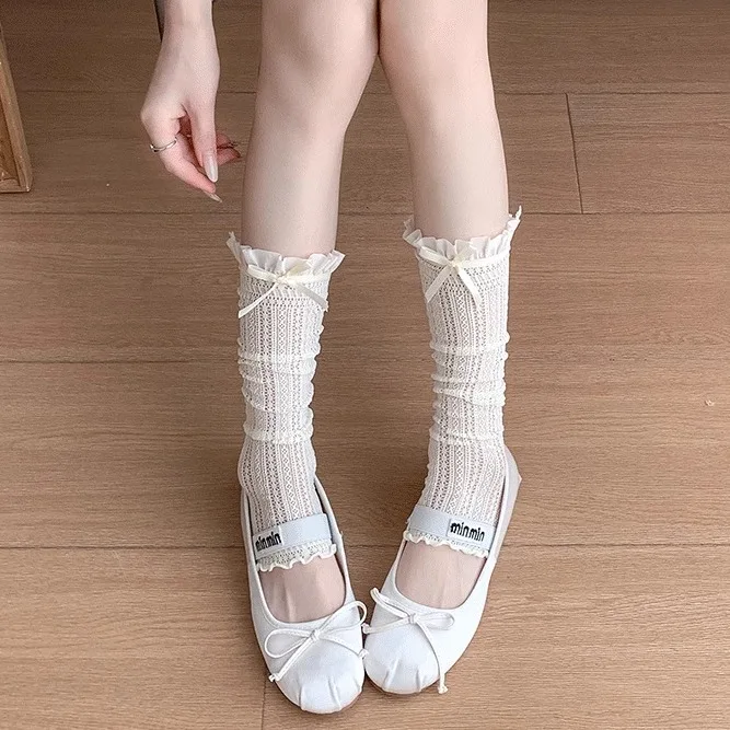 White Lace Trim Leggings Summer Thin Medium Tube Long Tube Socks Matching Long Boots Half Leg Socks Sweet Style Pure Color