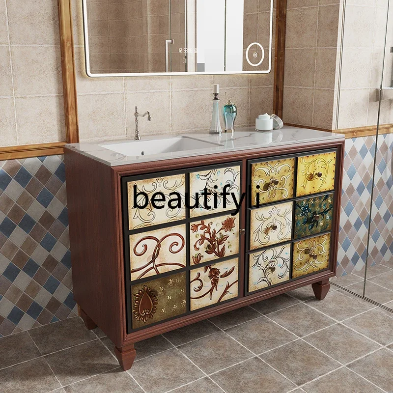 bathroom cabinet light luxury hand wash cabinet retro bathroom oak wash basin cabinet integrated villa high-end floor type