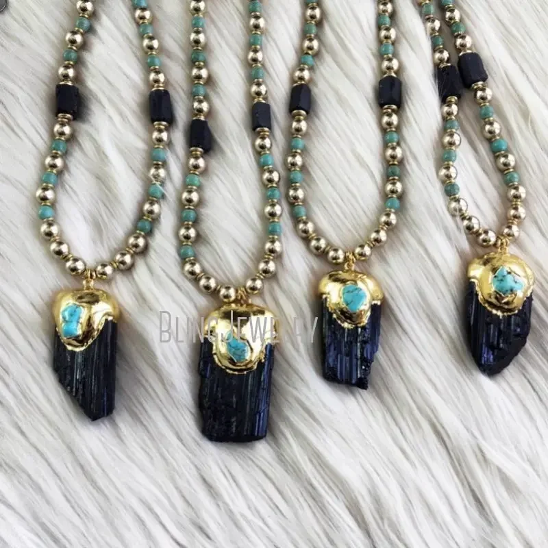 10pcs Women Tourmaline Turquoise Stone Crystal Layer Statement Necklace Schorl Witch Boho Black Goth Y2k Jewelry Emo Halloween