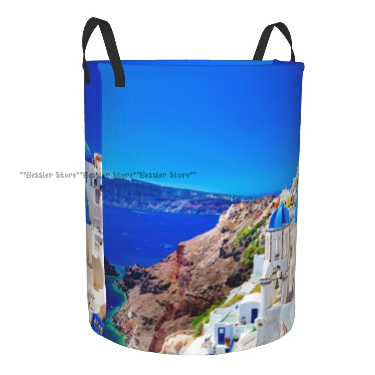 Laundry Basket Santorini Island Greece Traditional Famous Houses Round Storage Bin Collapsible Hamper Clothes Bucket Organizer