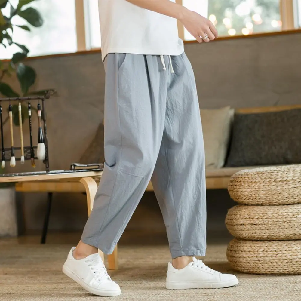 Men Casual Pants Elastic Waist Men Pants Men's Loose Straight Drawstring Ninth Pants with Elastic Waist Pockets Solid for Daily