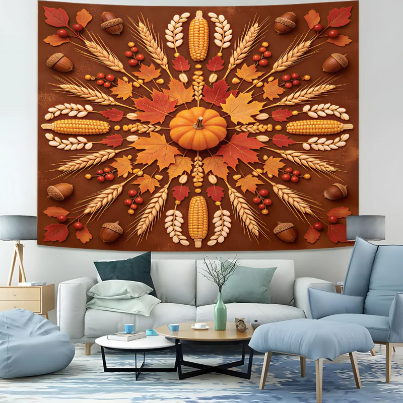 Pumpkin Harvest Digital Print Tapestry Wall Hanging Tapestries Wall Blanket Backdrop Decor, Maple Acorn Design for Bedroom Party