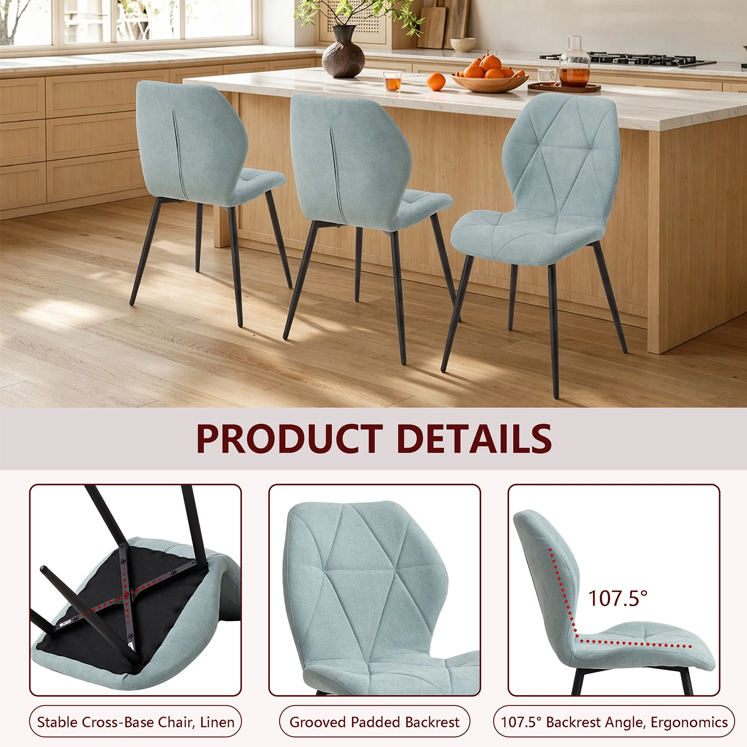 GrandCA HOME Set mit 2/4/6 modernen Esszimmerstühlen, gepolstert, mit Leinenstoff bezogen, minimalistische Bürostühle für Küche und Esszimmer – Detail 19