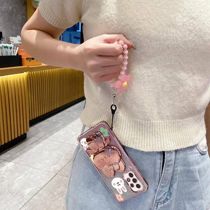 Flower Strap Mirror Rabbit Phone Holder Case On For Samsung Galaxy A32 A22 A33 A51 A52 A52S A53 A71 A72 A73 4G 5G Stand Cover image 2