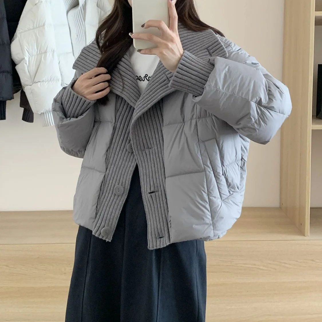 Design Knit Spliced Lapel Short Puffer Coat for Women 2026 Winter New Windproof Warm Cotton‑Padded Jacket
