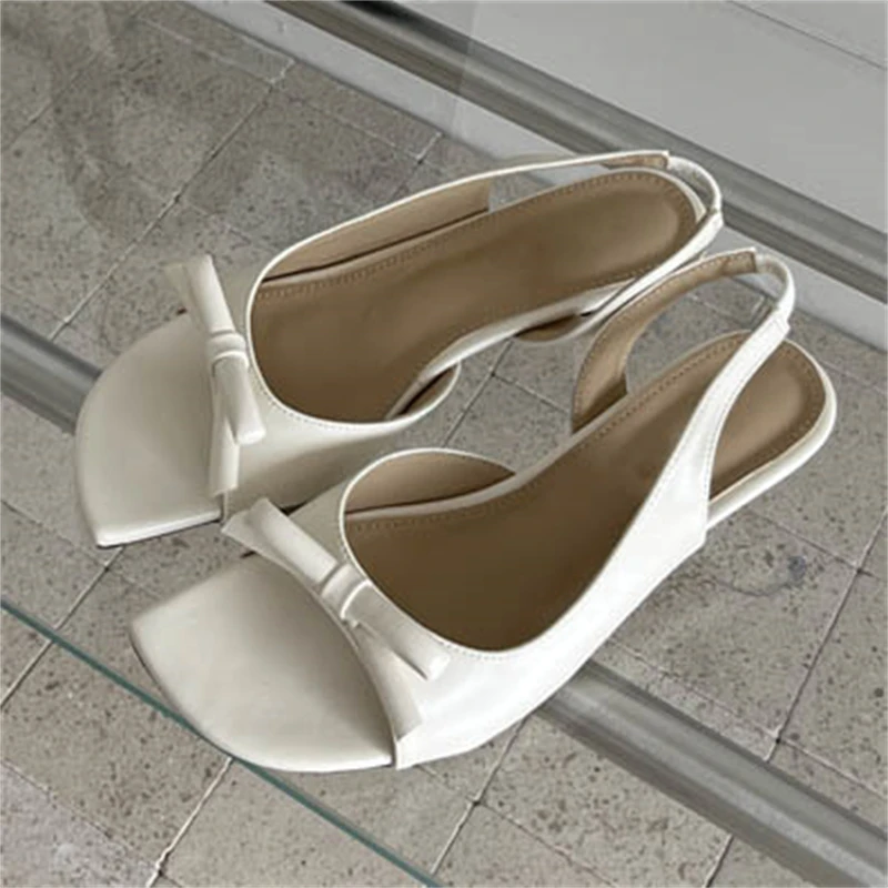 

Aneikeh Women White Bowknot Slingback Sandals Summer Square Open Toe Low Heel PU Leather Elegant Casual Office Ladies Shoes