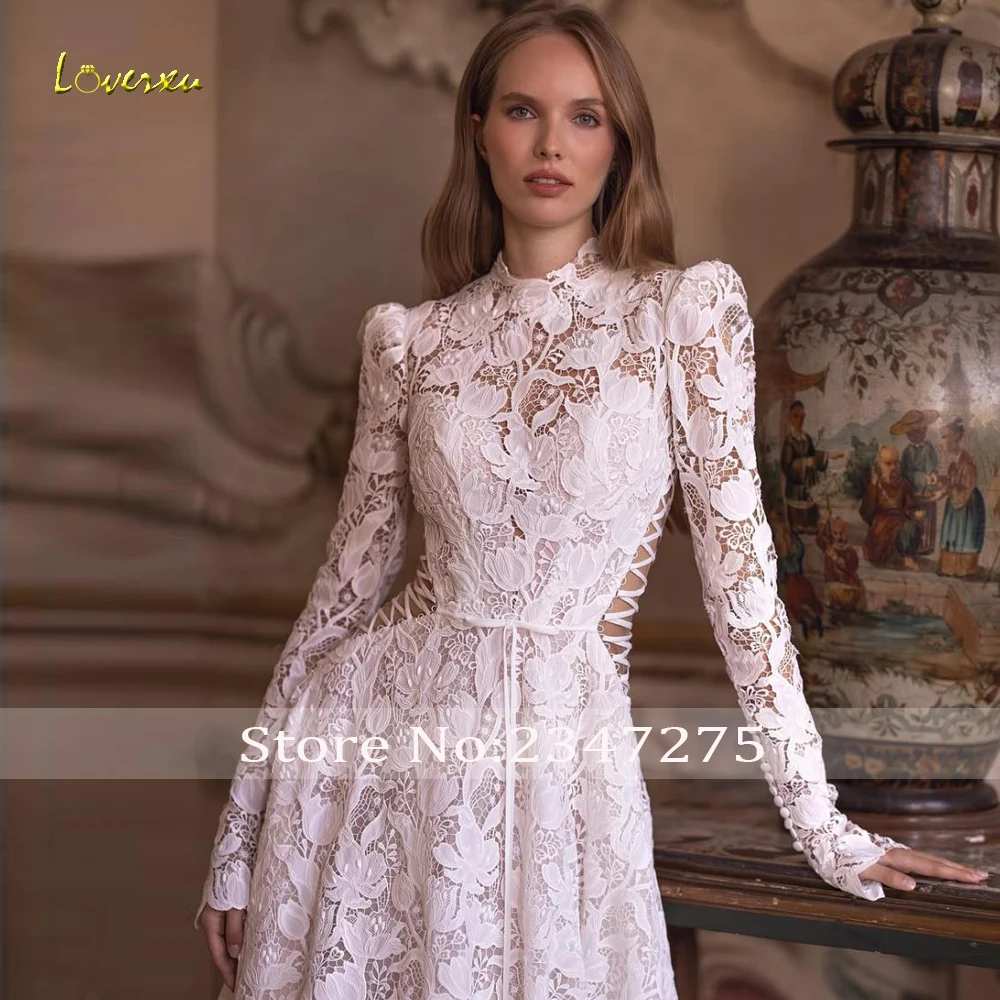 Loverxu A-Line Stunning Wedding Dresses For Women High Neck Vestido De Novia Lace Embroidery Elegant Custom Made Bridal Gowns