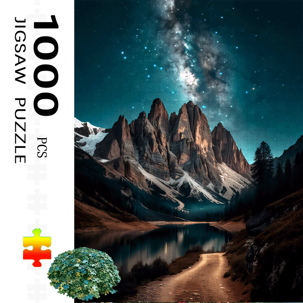 1000pcs Mountain & Starry Night Jigsaw Puzzle for Adults - Large Challenging Puzzle with Snow-Capped Peaks, Serene Lake & Milk