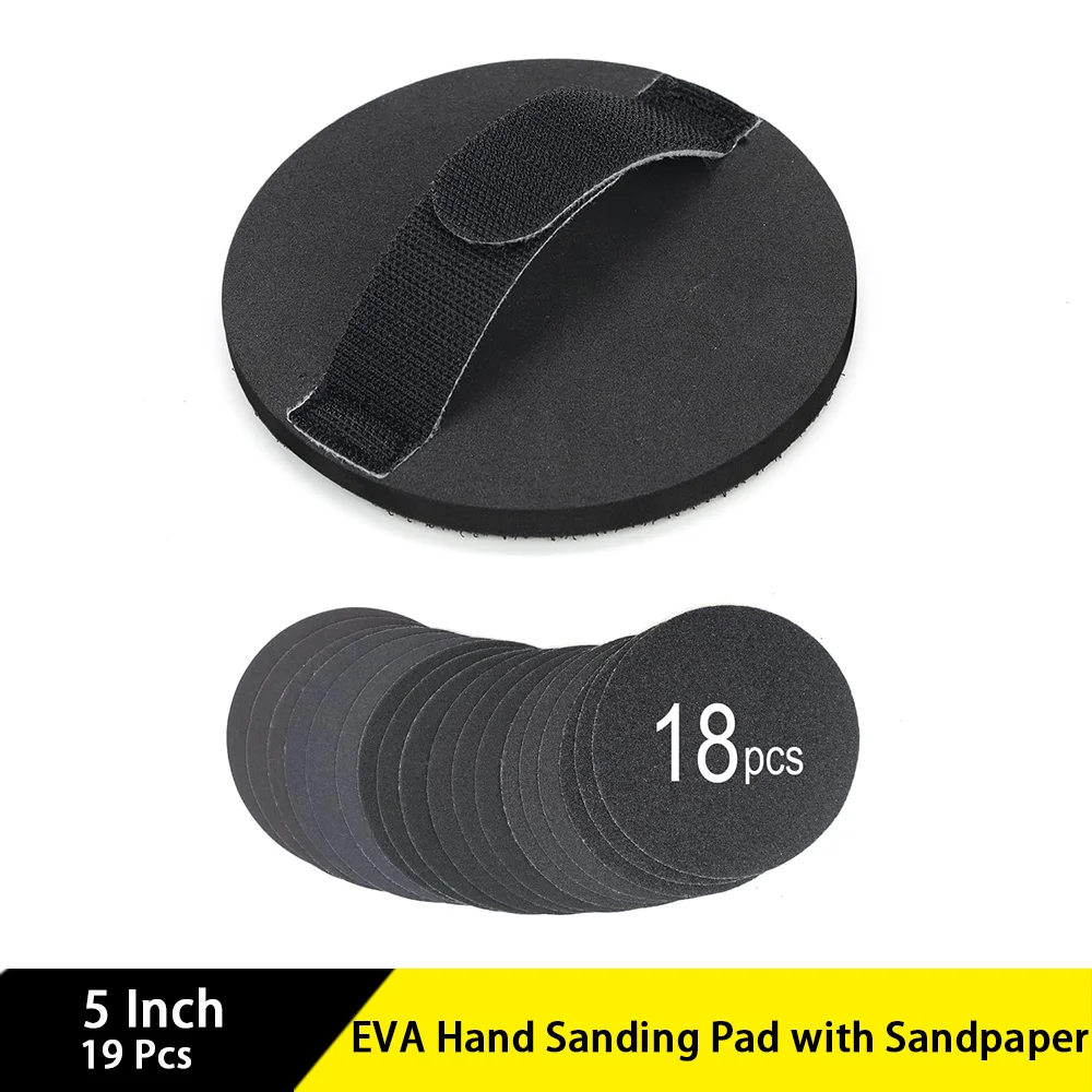 

5 Inch EVA Hand Sanding Pad 19 Pcs with Hook and Loop Sandpaper Assorted 60/150/240/320/400/600 Grits for Woodworking Furniture