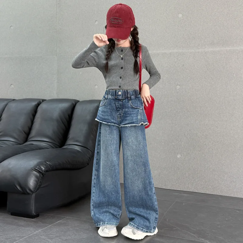 Girls Pants 2026 Spring and Autumn New Childrens Clothing Korean Style Girl Baby Cool Water Wash Fake Two Jeans Wide Leg Pants