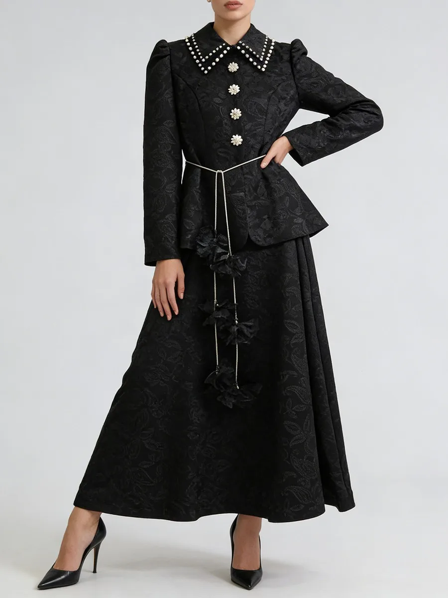 TWOTWINSTYLE Black Printing Spliced Lace Two Piece Sets for Women Lapel Long Sleeves Spliced Bead Top Long Skirt Sets Female New view 3