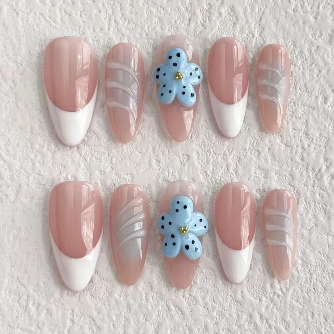 

2025 Handmade Blue Engraving Style Glossy Nail Art Relief Series 3D Fake Nail Press on Nails Medium Almond Length Nail