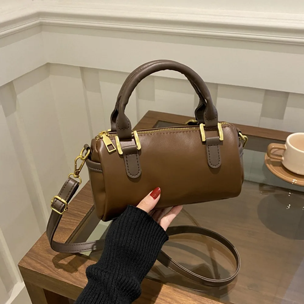 

Vintage French Style Bowling Bag Elegant PU Leather Women Handbags Cute Large Capacity Boston Shoulder Bag Travel