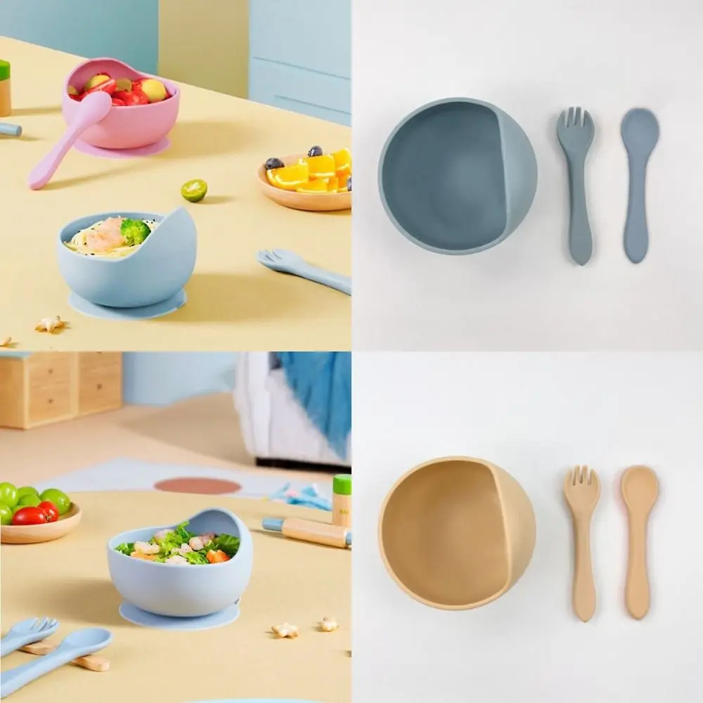 3Pcs/Set BPA Free Silicone Sucker Bowl Non-Slip with Spoon Fork Baby Feeding Tableware Auxiliary Food Drop-proof